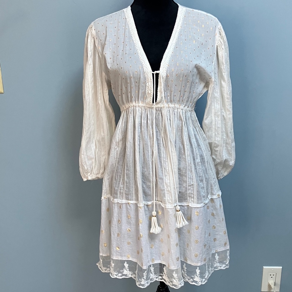 Cotton Summer White Dress Gold Details Flowy Tiered Beach Vacation Swim Coverup